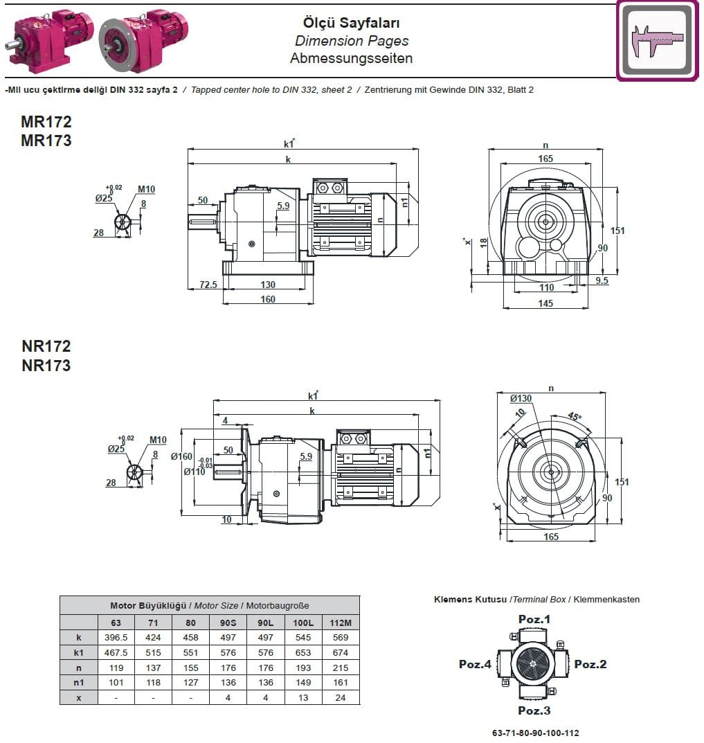 Yılmaz MR173-63M4B 0,12 kw 14-27 Devir Redüktör Ölçüleri