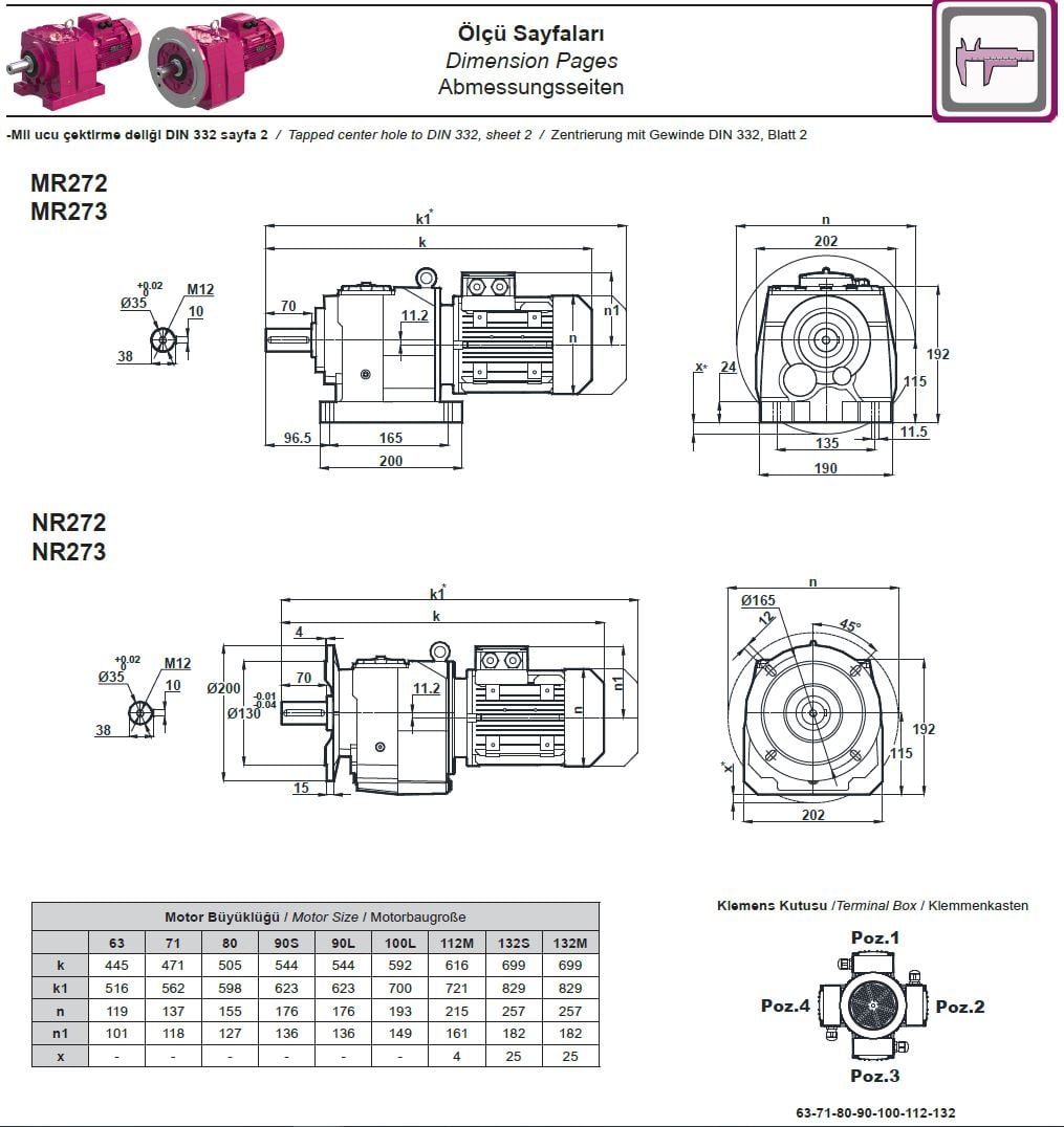 Yılmaz MR273-63M4B 0,12 kw 9,9-12 Devir Redüktör Ölçüleri