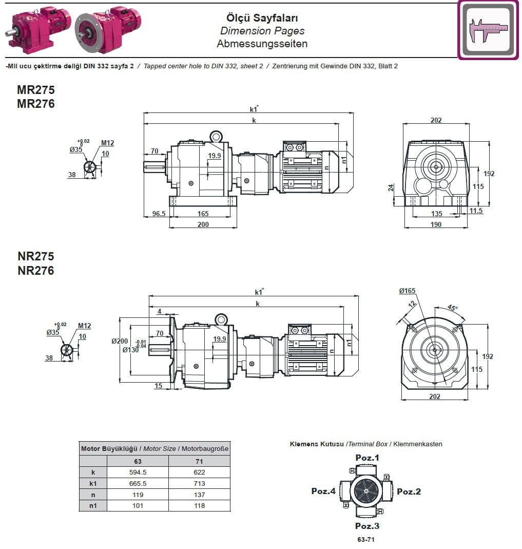 Yılmaz MR275-63M4B 0,12 kw 1,6-9,2 Devir Redüktör Ölçüleri