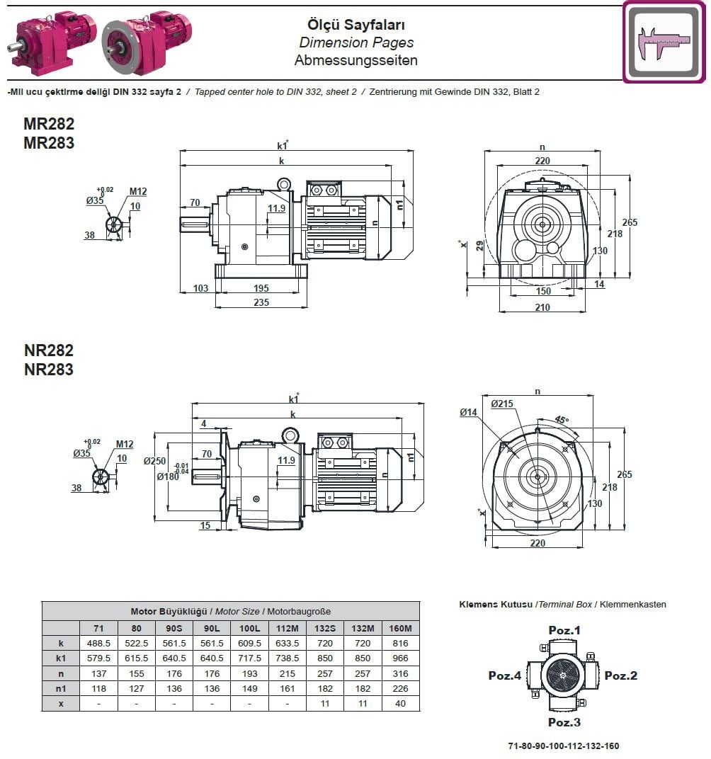 Yılmaz MR283-71M4B 0,25 kw 10-13 Devir Redüktör Ölçüleri