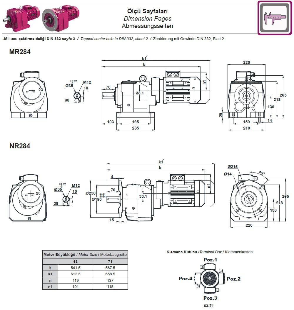 Yılmaz MR284-71M4B 0,25 kw 3,3-6 Devir Redüktör Ölçüleri