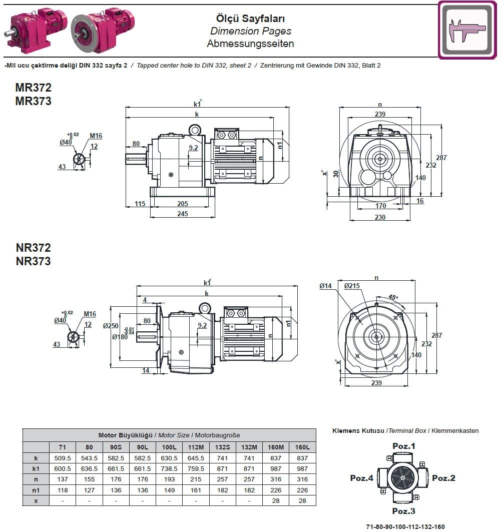 Yılmaz MR373-80M6A 0,37 kw 5,9-8,3 Devir Redüktör Ölçüleri