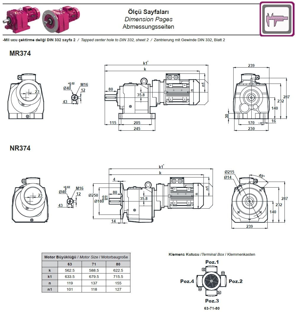 Yılmaz MR374-80M4B 0,55 kw 5,3 Devir Redüktör Ölçüleri