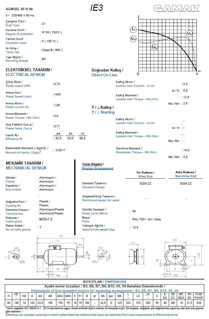 0.75 kw 1 HP GAMAK Elektrik Motoru 80 - 1500
