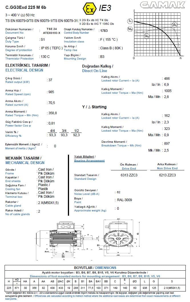 GAMAK 37 kw 50 HP 1000 Exproof Motor 225